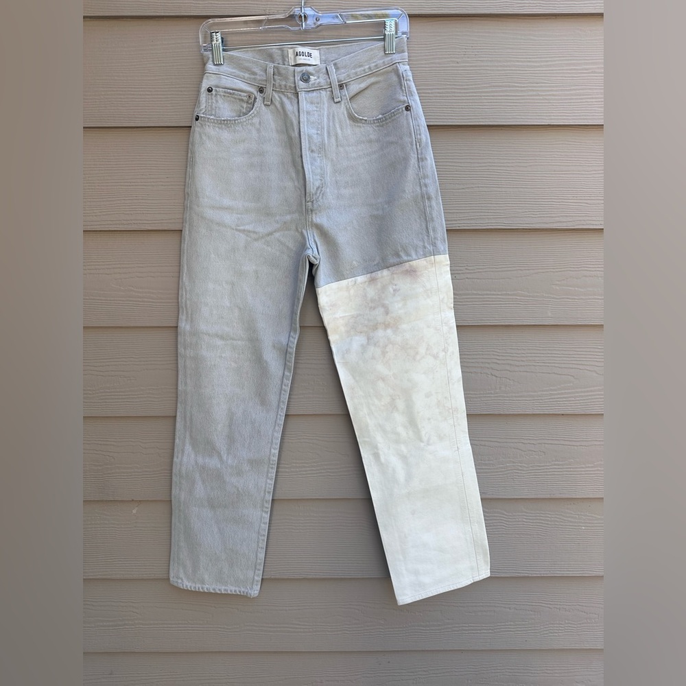 AGOLDE Pieced '90s High-Rise Leather & Denim Straight-Leg Jeans 27 (A15)